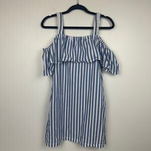 Anthropologie Whit Two Womens Ruffle Off The Shoulder Blue/White Striped Dress